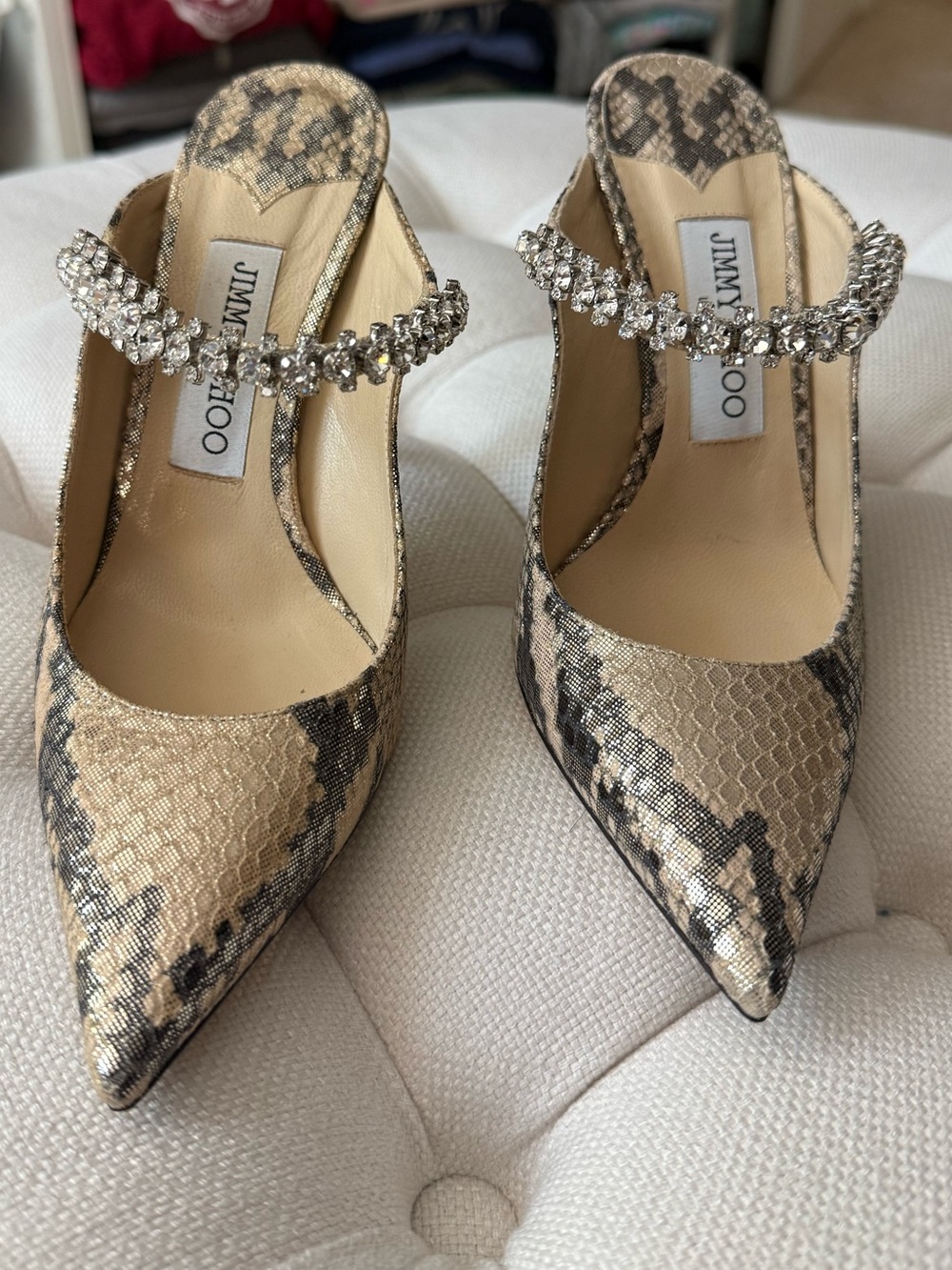 Brand NewJimmy Choo Snakeskin Pointed Mule with Crystal Strap